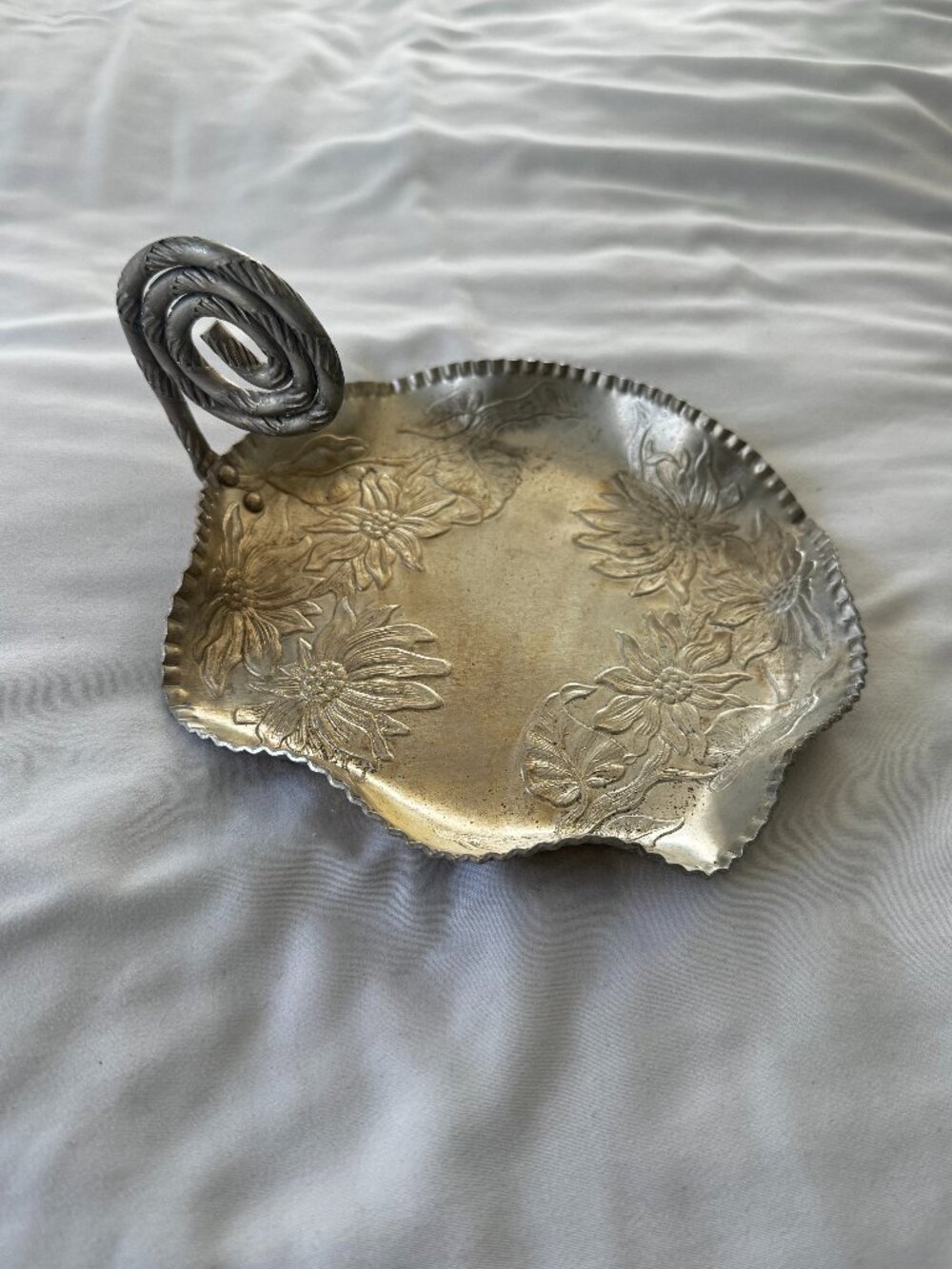 Vintage 1960's Floral Silver Aluminum Serving Trinket Tray Dish w Curly Handle